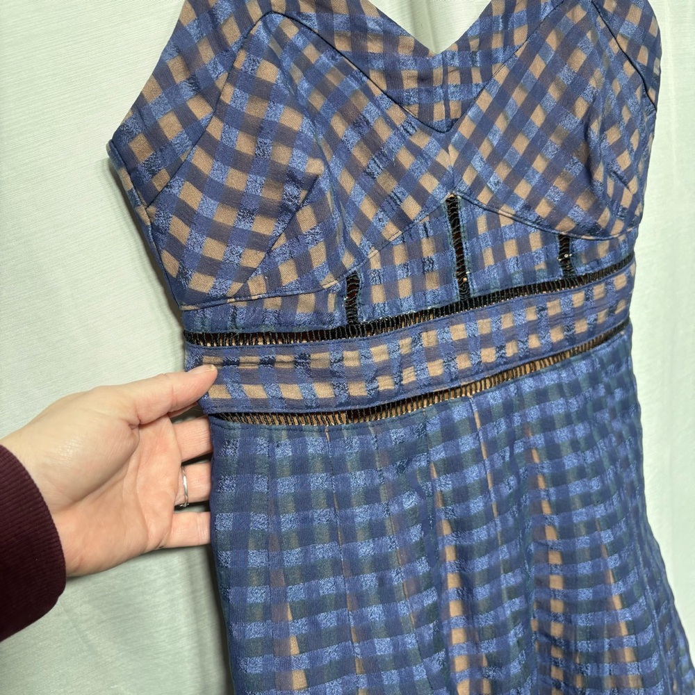 Roselani Navy Blue Tan Gingham Plaid Ladder Lace Cutout Midi Dress Size S Boho - Picture 4 of 12